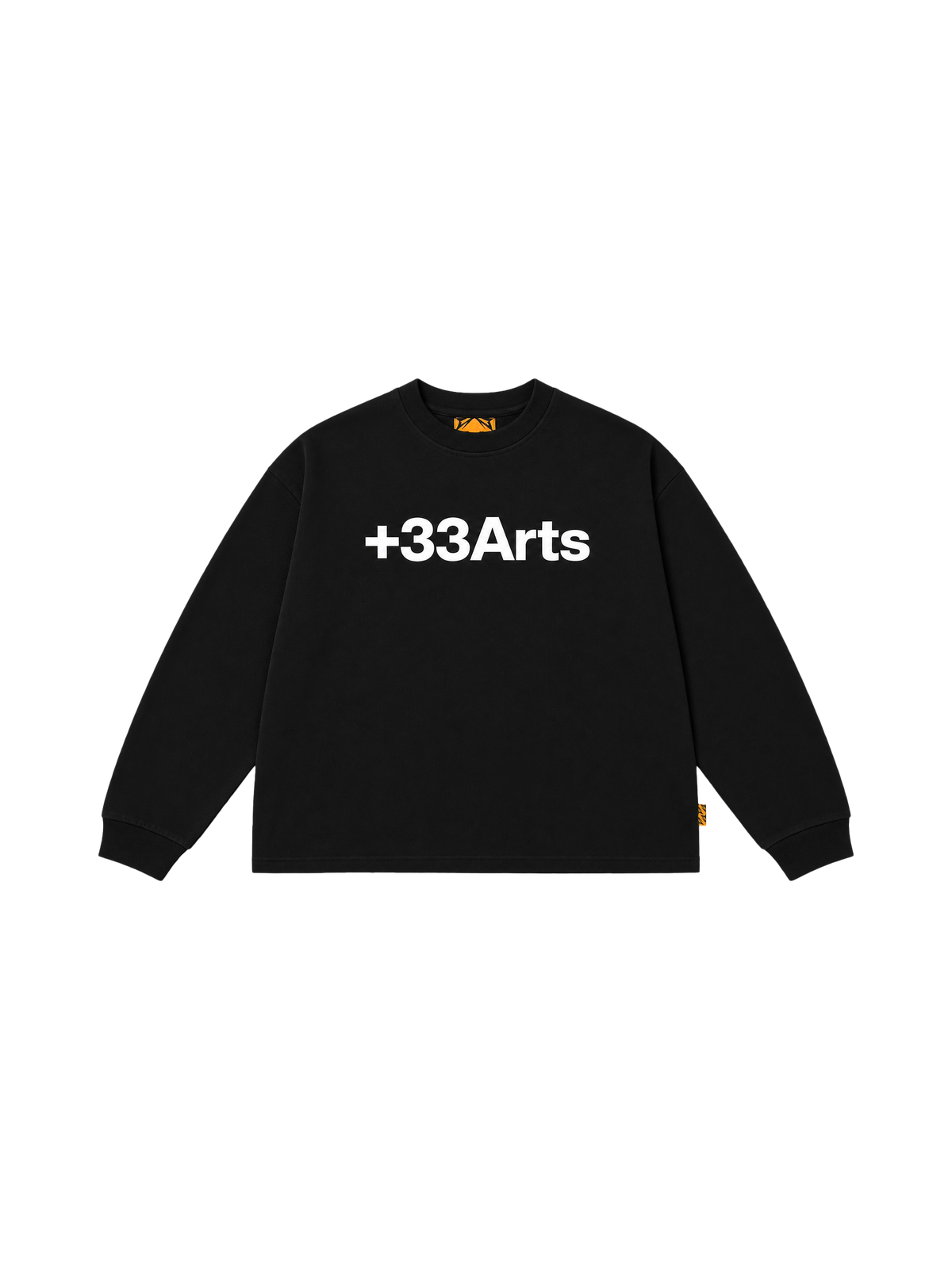 +33 LONGSLEEVE SIDE ARTS schwarzes Langarmshirt, weißer +33Arts-Druck vorne, Boxy Fit, Vorderansicht - T-Shirt SIDE ARTS (1)