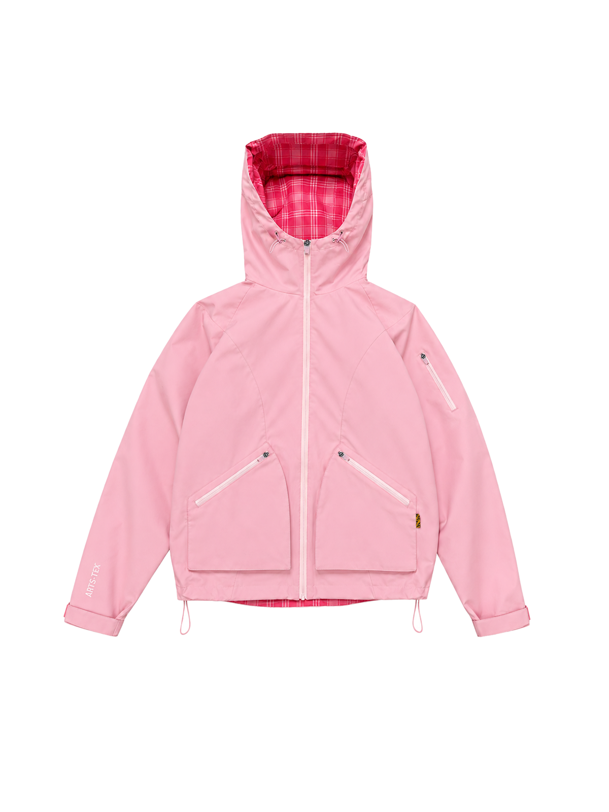 Veste PINK PLAID JACKET SIDE ARTS rose, fermée, capuche relevée à doublure tartan rose vif, vue de face - Jacket SIDE ARTS (1)