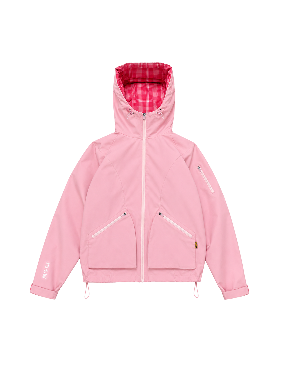 Veste PINK PLAID JACKET SIDE ARTS rose à capuche, poches zippées, vue de face