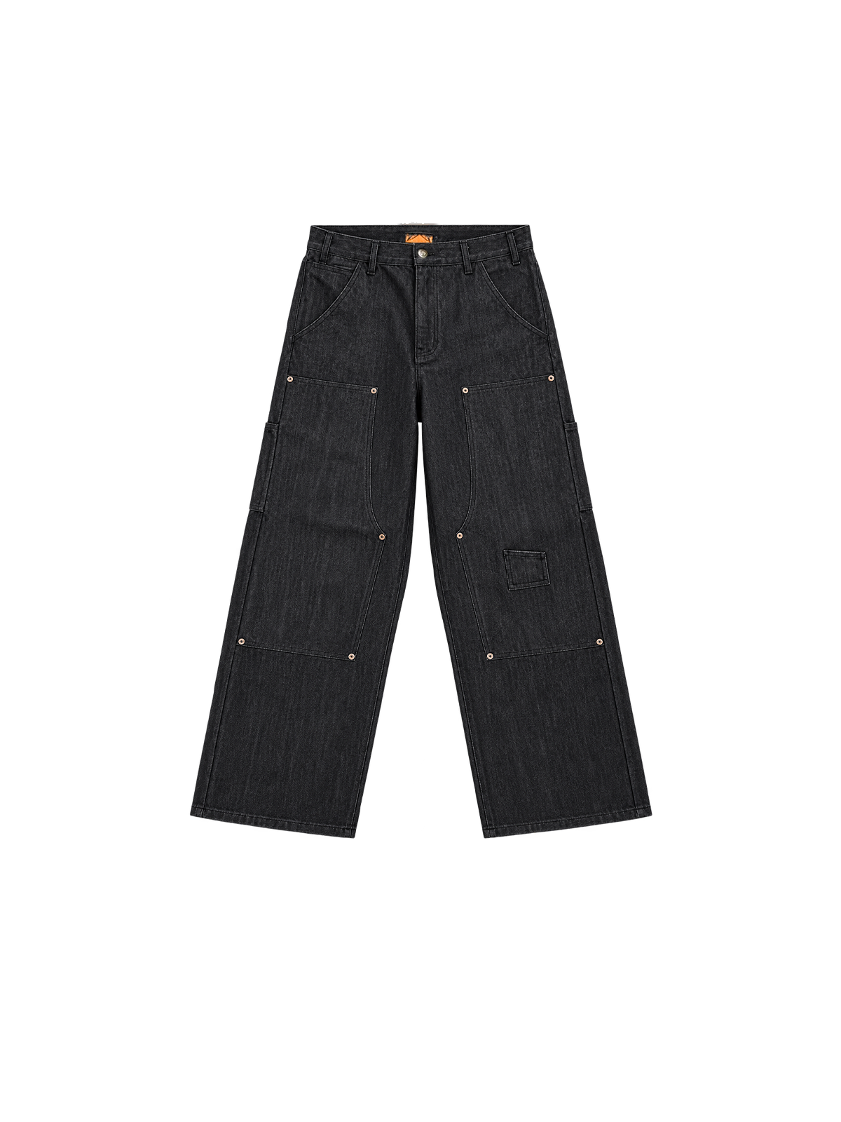 Pantalon SELVEDGE BLACK DOUBLE KNEE DENIM SIDE ARTS noir, coupe baggy, empiècements double genou et rivets, vue de face - Pants SIDE ARTS (1)