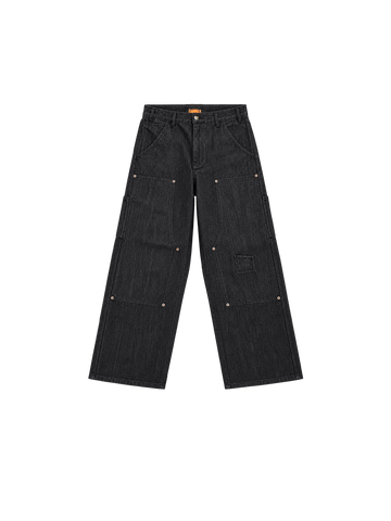 Pantalon SELVEDGE BLACK DOUBLE KNEE DENIM SIDE ARTS noir, coupe baggy, empiècements double genou et rivets, vue de face - Pants SIDE ARTS