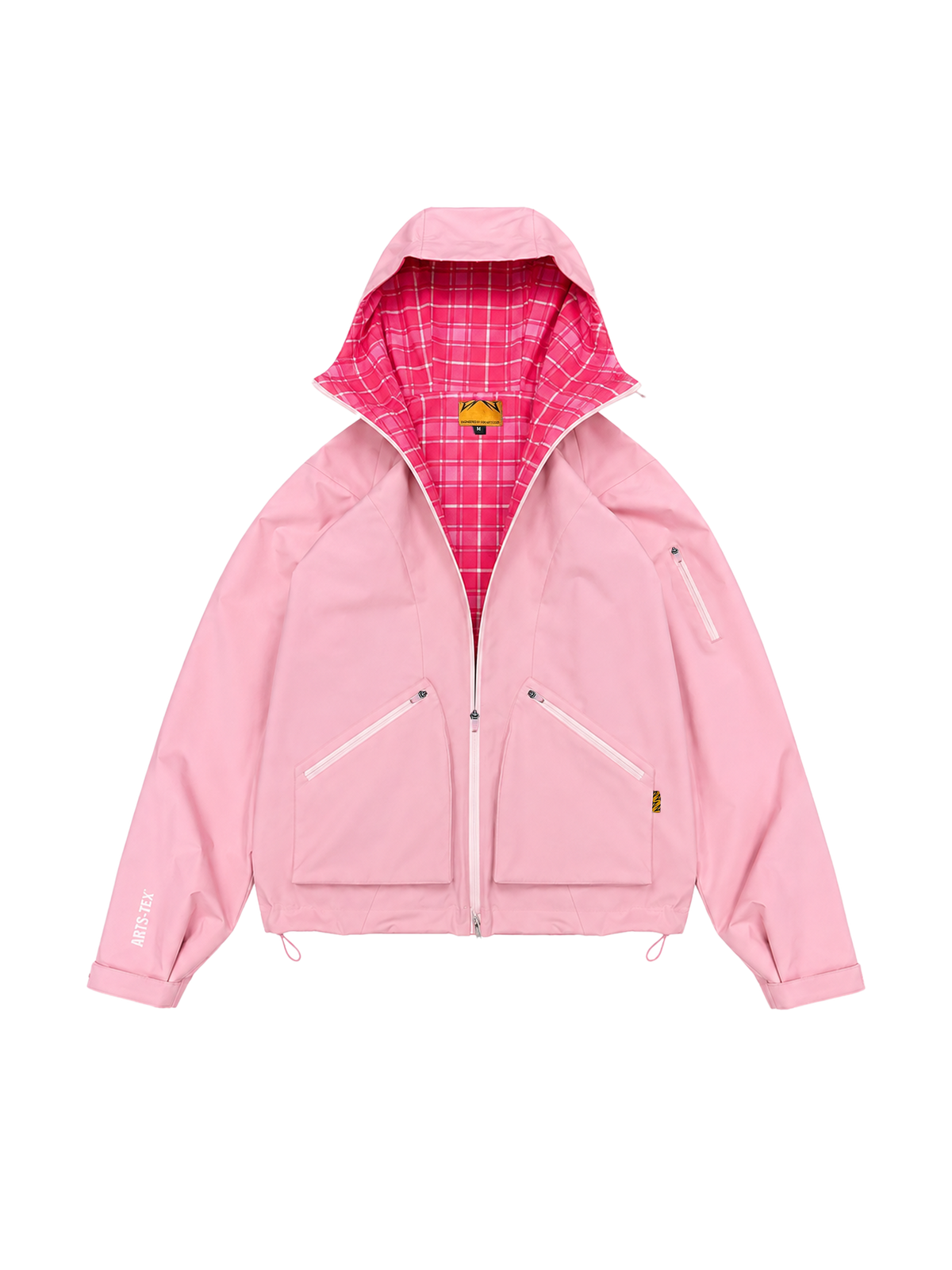 Veste PINK PLAID JACKET SIDE ARTS ouverte, doublure tartan rose vif et zip YKK blanc, vue de face - Jacket SIDE ARTS (2)